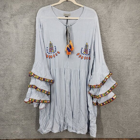 Alice & You Women's Size 22 Blue Embroidered Bell Sleeve Boho‎ Knee Length Dress - Picture 1 of 10